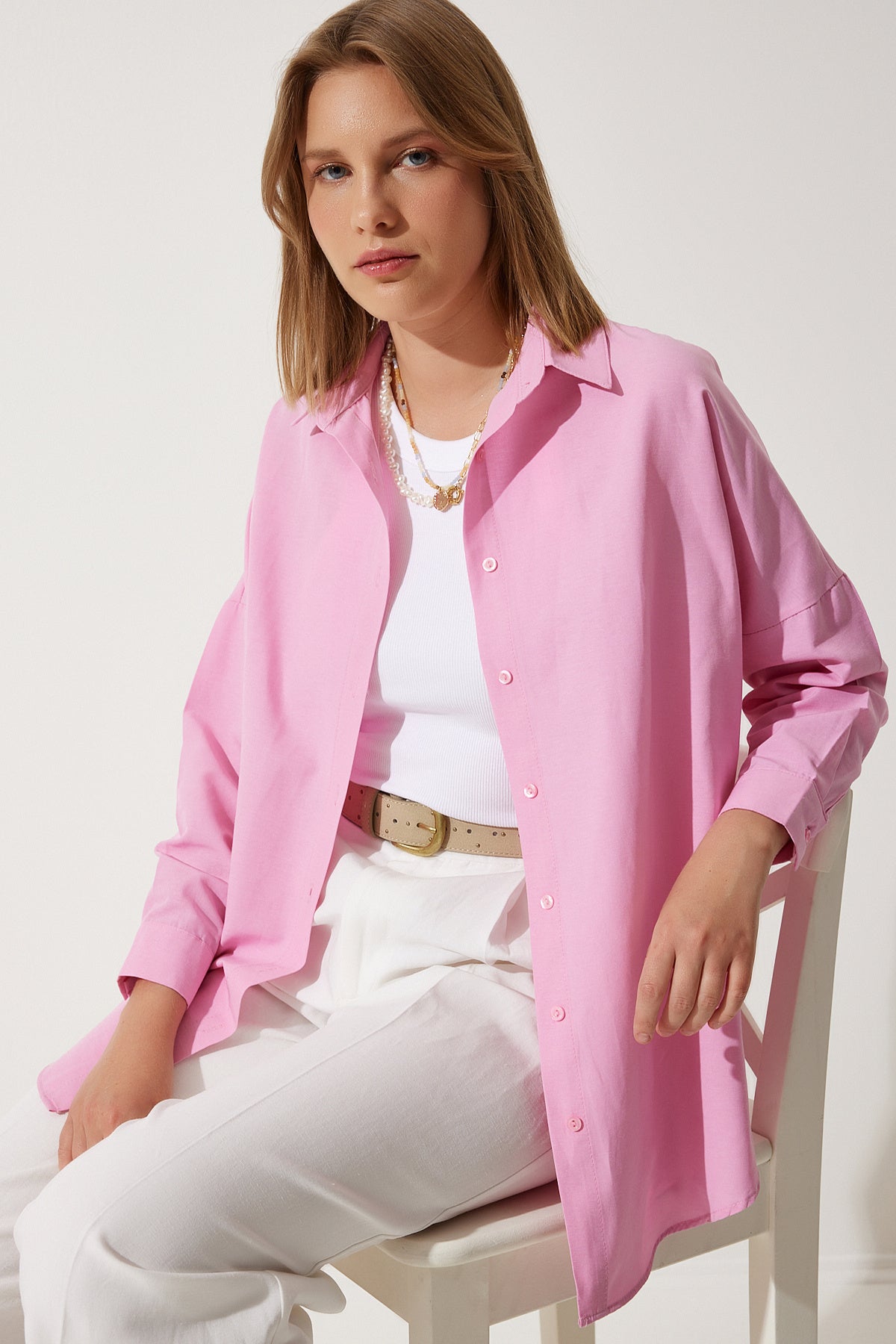 Pembe Oversize Uzun Basic Gömlek  DD00842