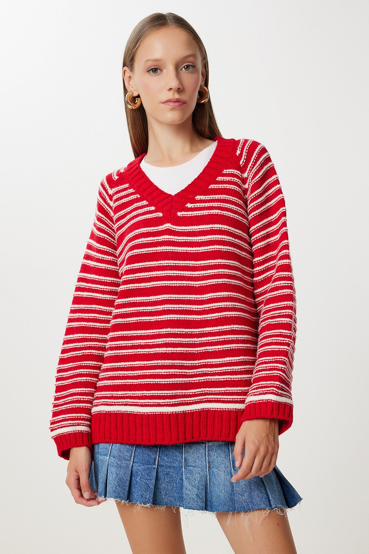 Kırmızı Kemik Çizgili Oversize Triko Kazak NV00077