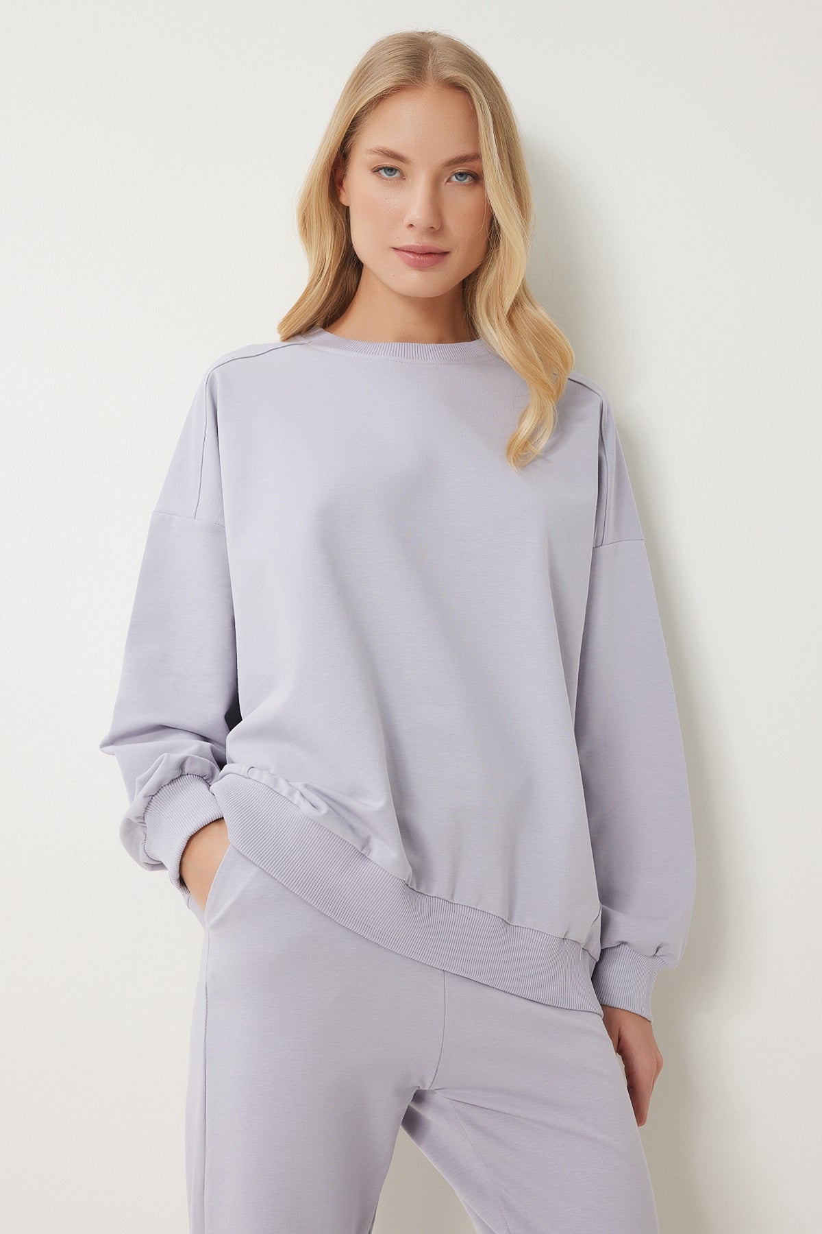 Taş Grisi Bisiklet Yaka Oversize Örme Eşofman Takımı FN03456