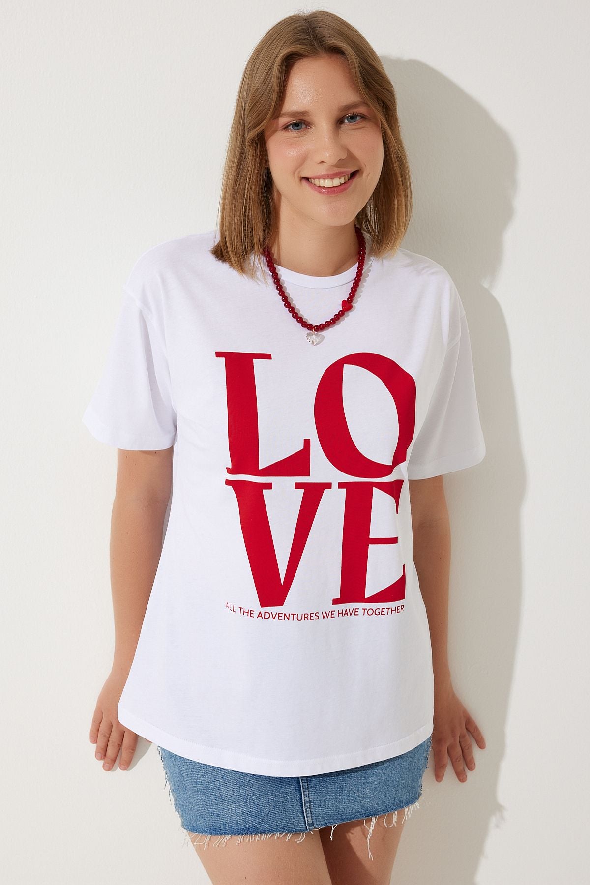 Beyaz Baskılı Oversize Pamuklu T-Shirt NJ00150