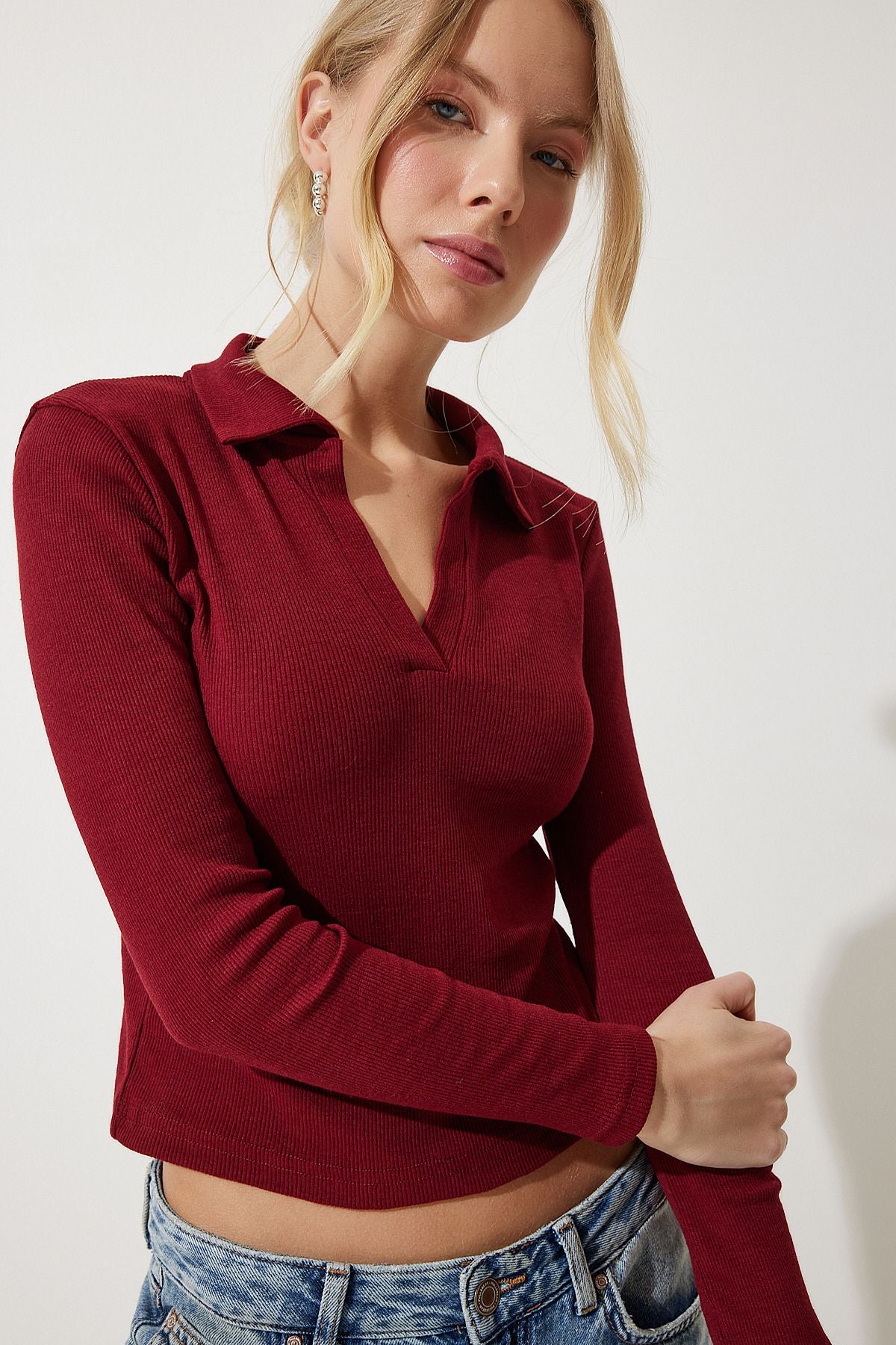 Bordo Polo Yaka Fitilli Örme Bluz GT00111