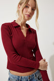 Bordo Polo Yaka Fitilli Örme Bluz GT00111