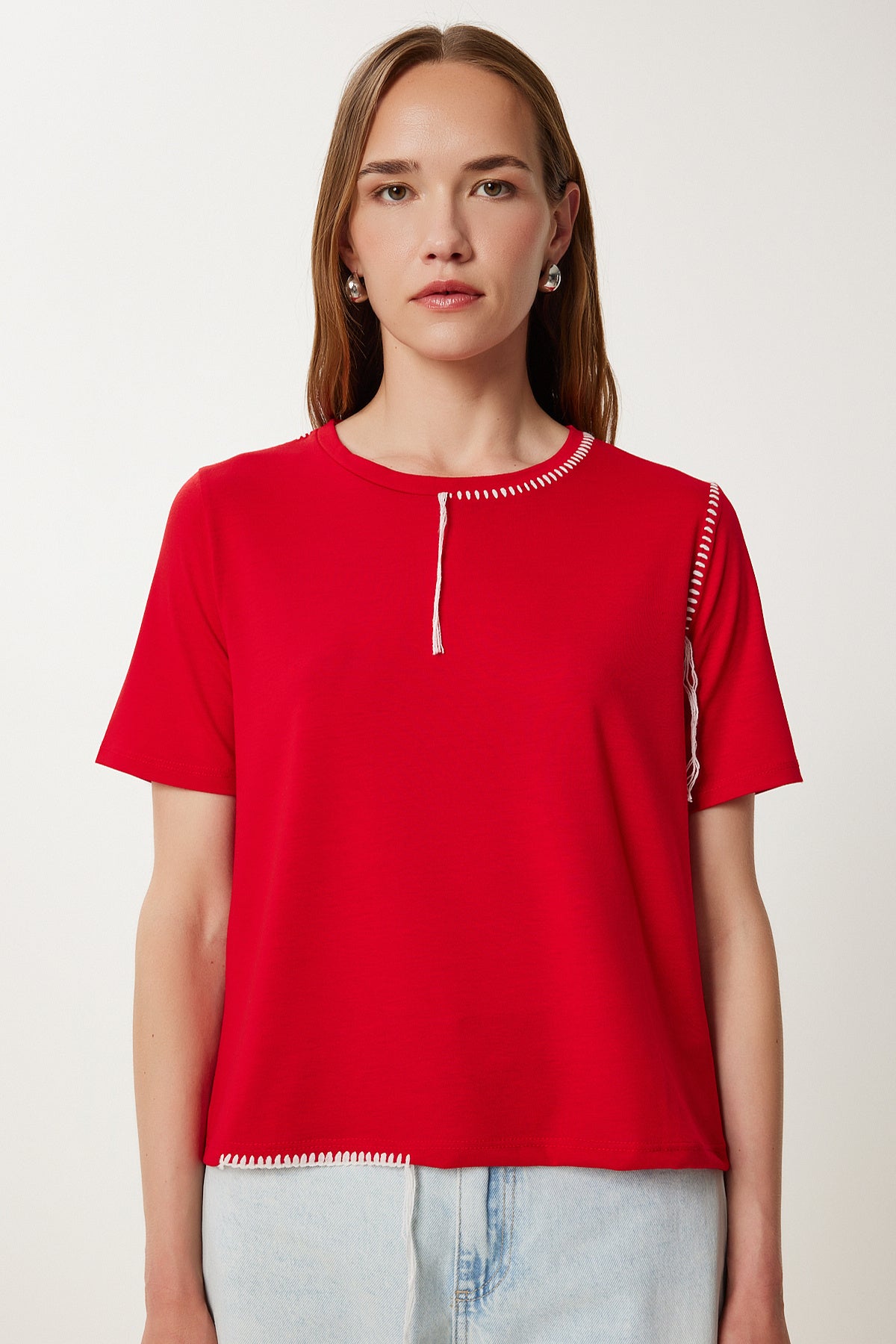 Kırmızı Kontrast Dikiş Detaylı Örme T-Shirt TP00087