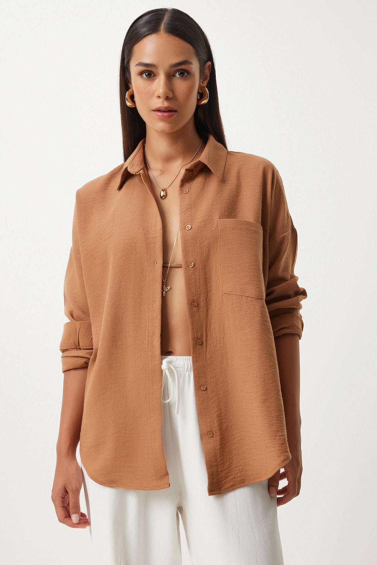 Taba Oversize Keten Ayrobin Gömlek DD01222
