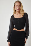 Siyah Şifon Balın Kollu Fermuarlı Crop Bluz DD01296