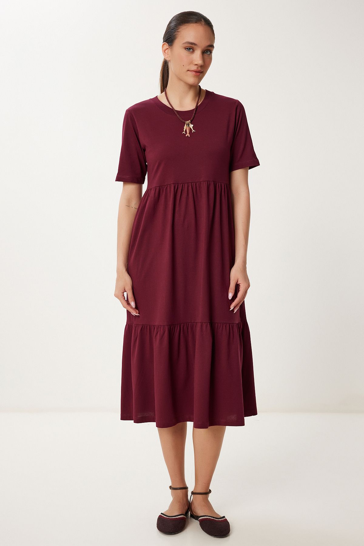 Bordo Oversize Volanlı Yazlık Örme Elbise CR00475