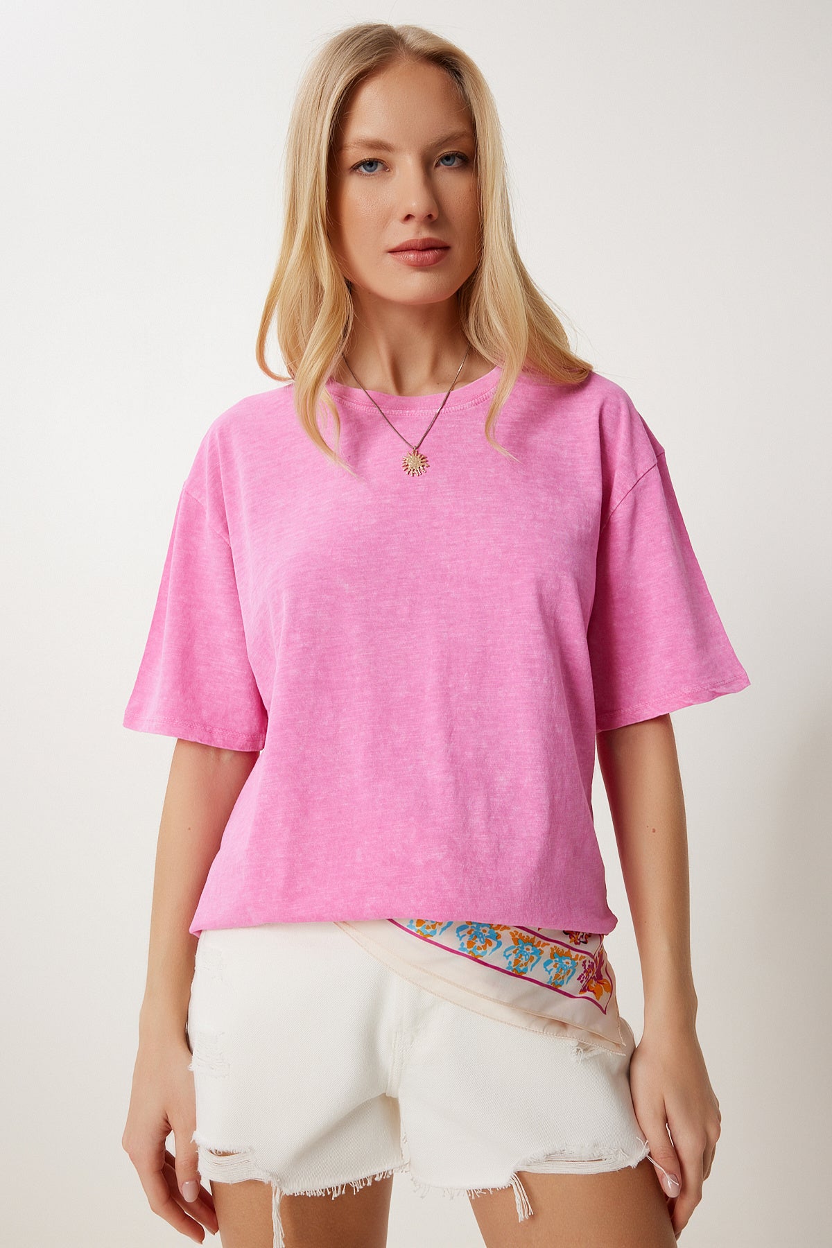 Pembe Yıkamalı Basic Örme T-Shirt AN00258