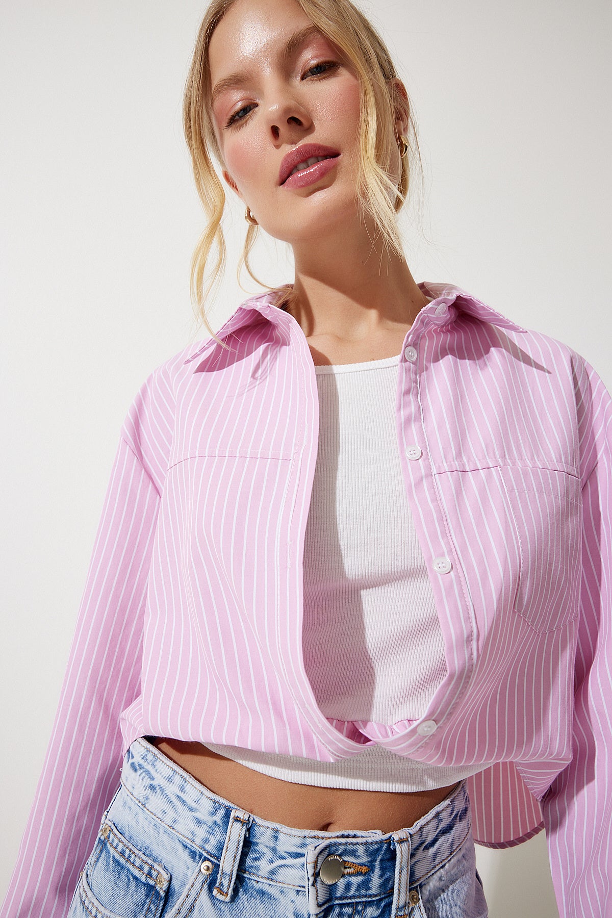 Pembe Bluz Detaylı Crop Gömlek RG00022