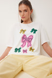 Beyaz Fiyonk Baskılı Örme T-Shirt VN00024