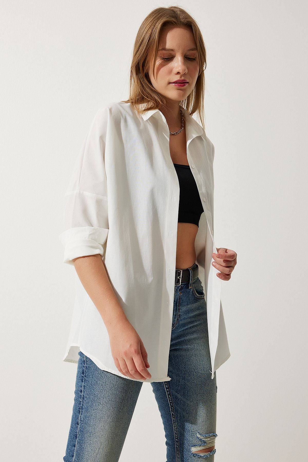 Ekru Oversize Uzun Basic Gömlek DD00842