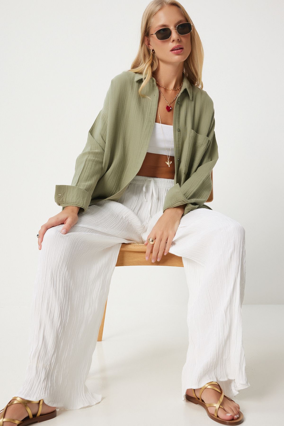 Çağla Yeşili Oversize Basic Müslin Gömlek  MX00150