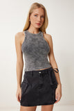 Siyah Halter Yaka Yıkamalı Fitilli Örme Bluz NS00437