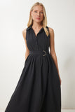 Siyah Kemerli Poplin Midi Gömlek Elbise UB00354