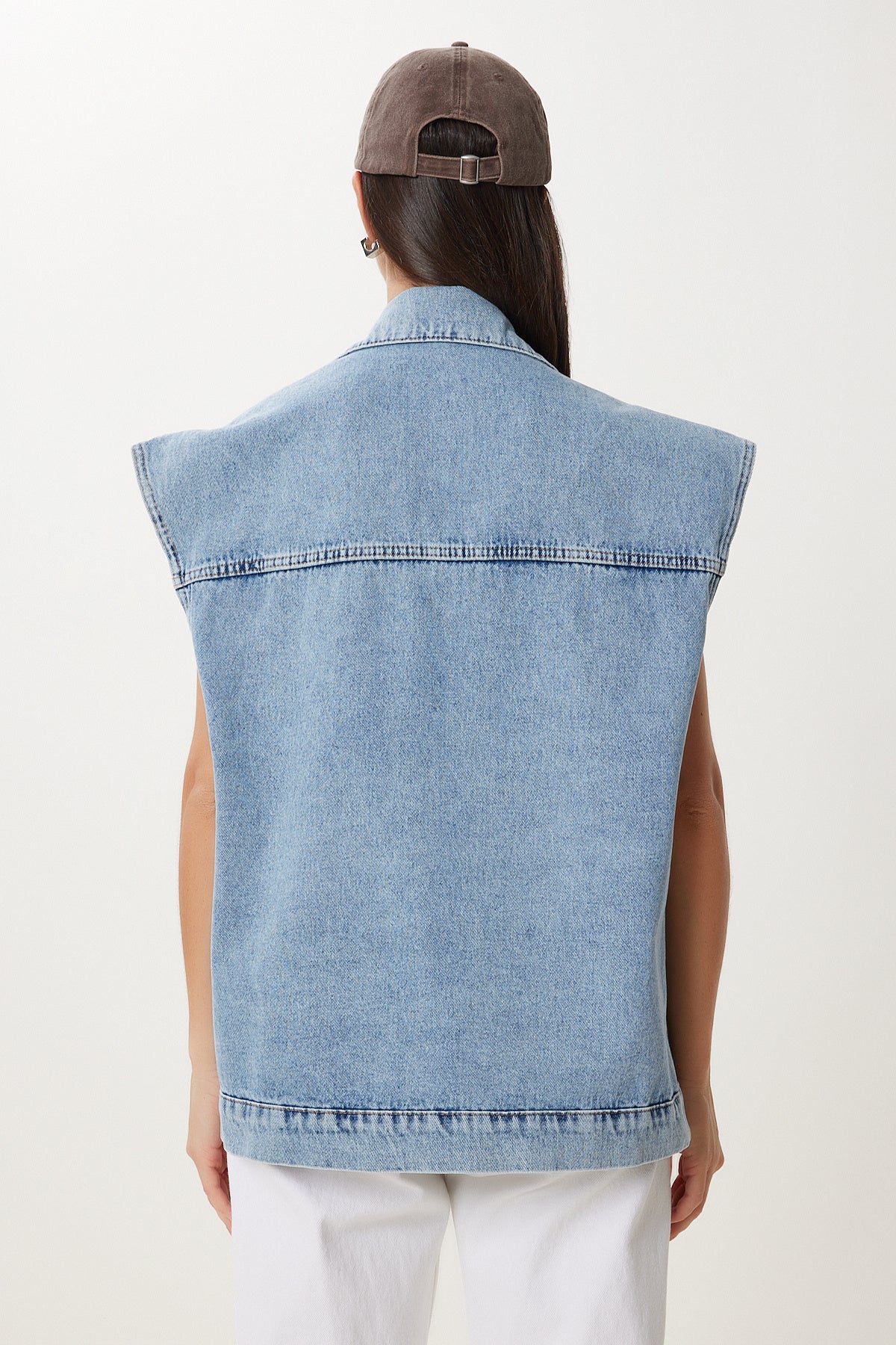 Açık Mavi Polo Yaka Cepli Denim Yelek RV00213