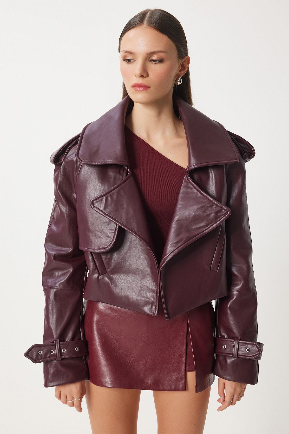 Bordo Oversize Suni Deri Ceket OH00059