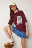 Bordo Oversize Nakış Cepli Örme T-Shirt ZV00277
