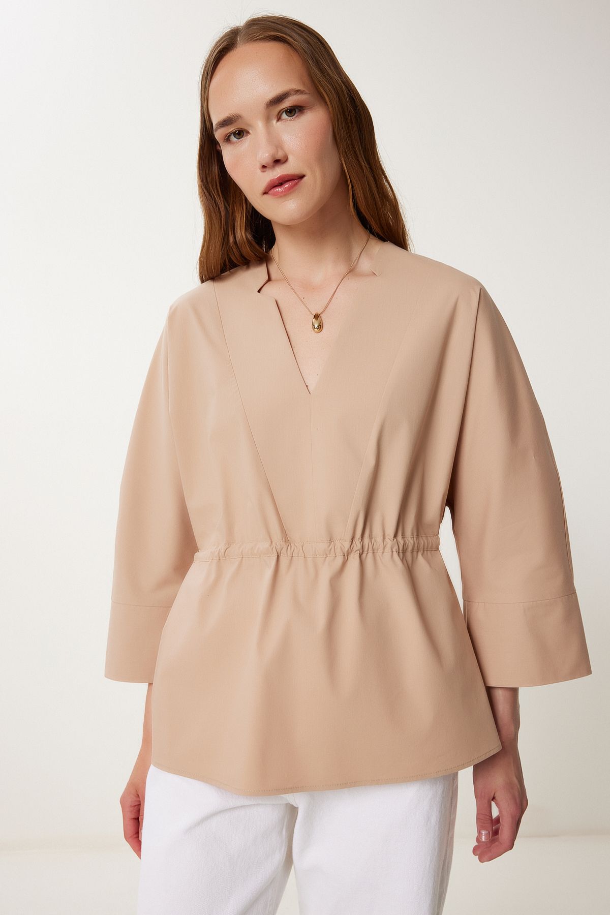 Bej Bağlama Detaylı Mevsimlik Poplin Bluz WF00132