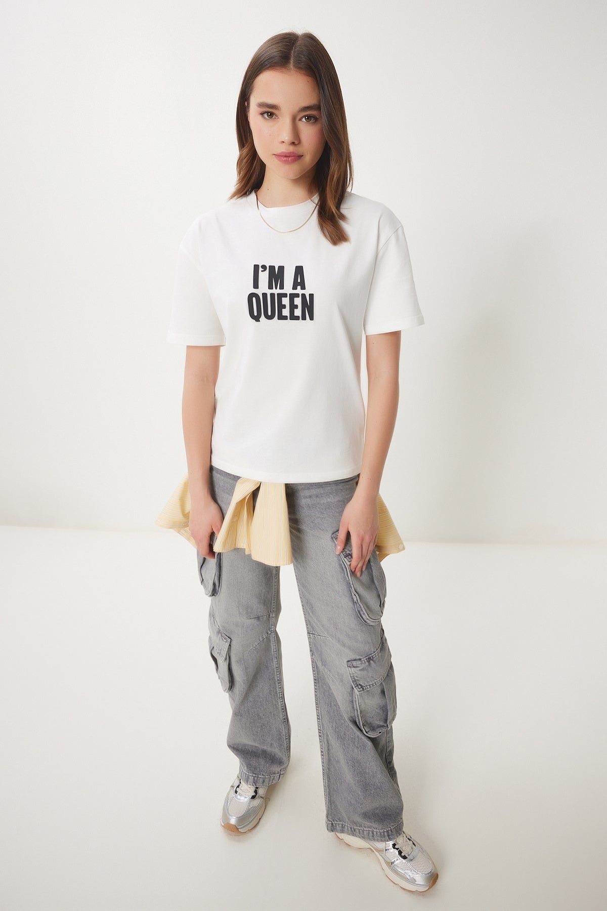 Ekru Sloganlı Örme T-Shirt CR00458