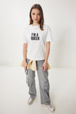 Ekru Sloganlı Örme T-Shirt CR00458