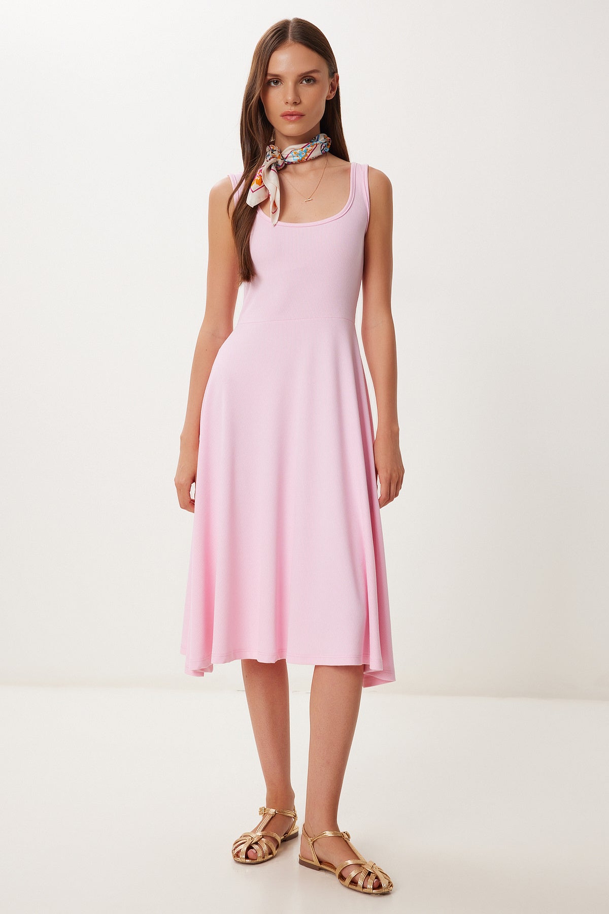 Şeker Pembe Askılı Yazlık Fitilli Örme Midi Elbise DZ00130