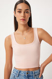 Açık Pudra Kare Yaka Askılı Fitilli Crop Bluz BF00058