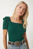 Yeşil Kare Yaka Fitilli Crop Bluz GT00007