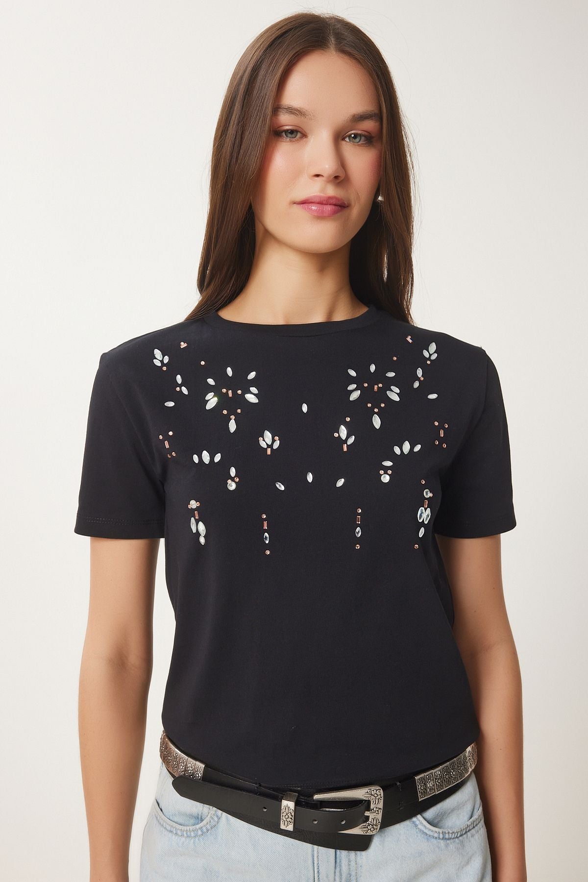 Siyah Şık Taşlı Crop Örme T-Shirt JH00053
