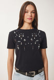Siyah Şık Taşlı Crop Örme T-Shirt JH00053