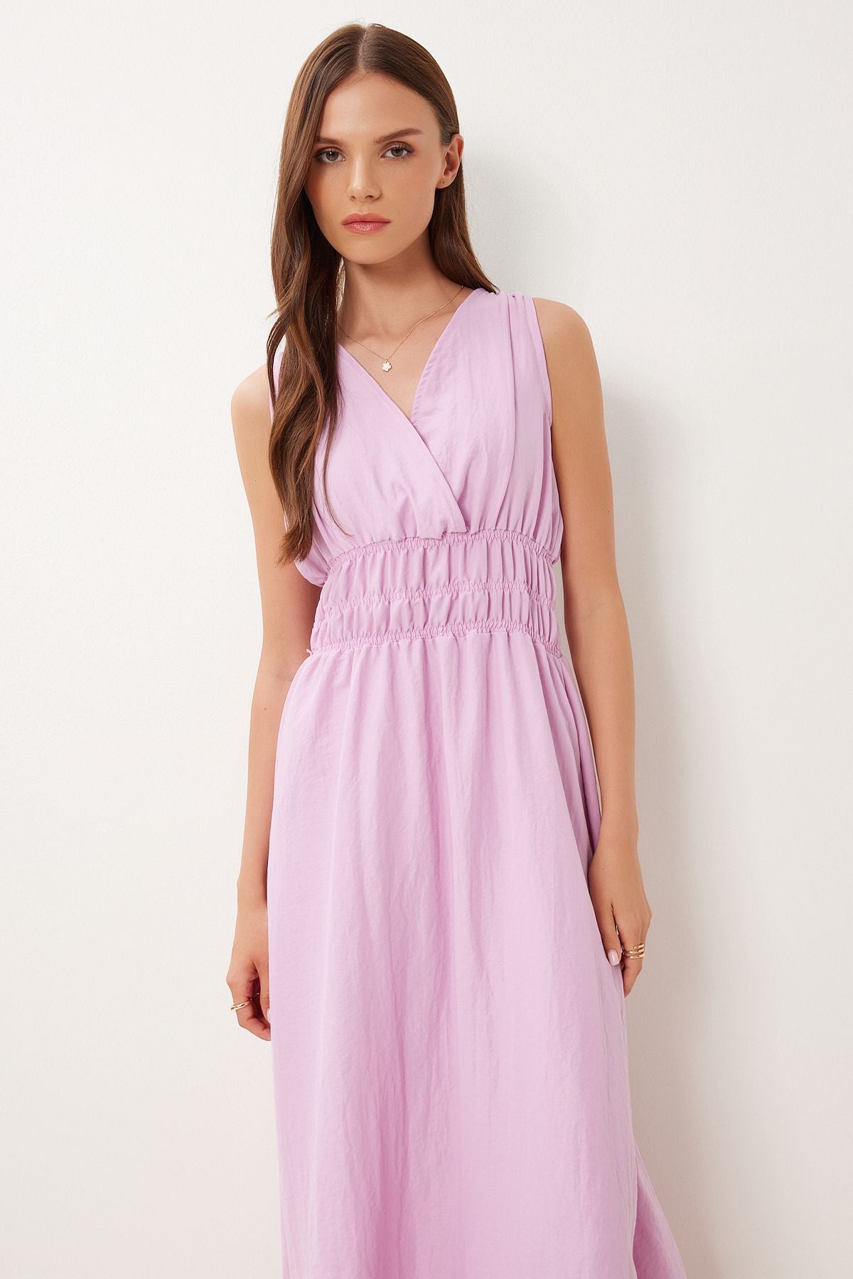 Pembe Anvelop Yaka Midi Dokuma Elbise BV00159