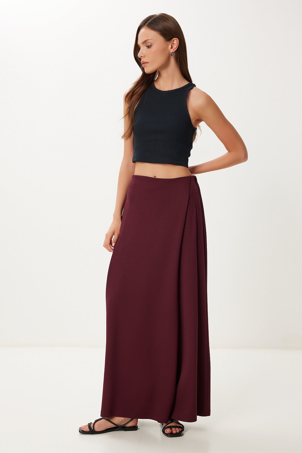 Bordo Etek Görünümlü Esnek Örme Şalvar Pantolon CR00520