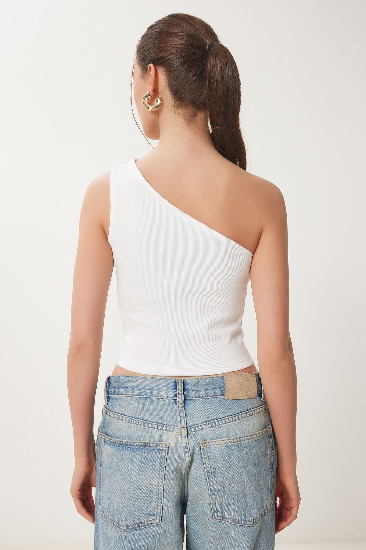 Kemik Tek Omuz Tokalı Fitilli Crop Bluz KH00096