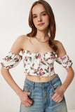 Krem Gül Kurusu Desenli Crop Viskon Bluz CR00510