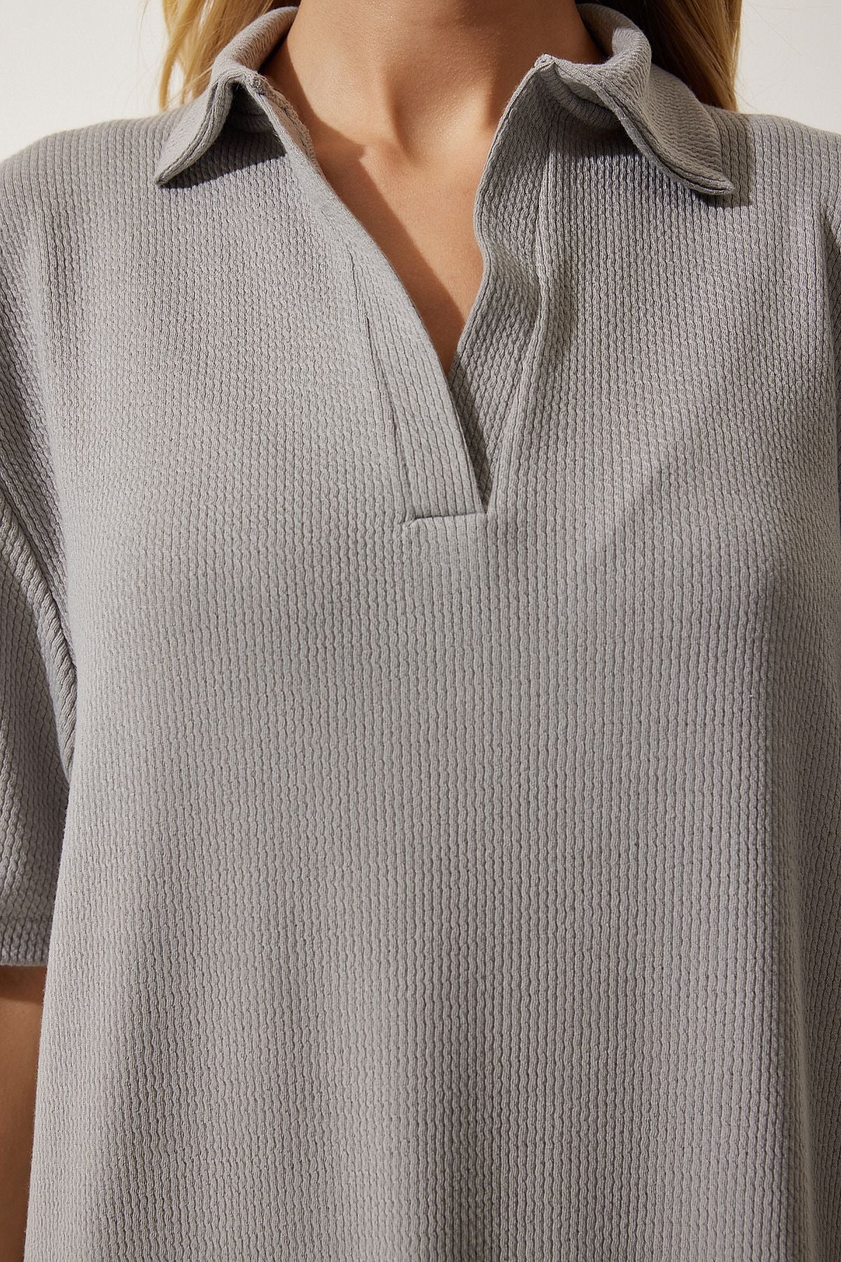 Gri Polo Yaka Örme Fitilli Elbise DZ00110