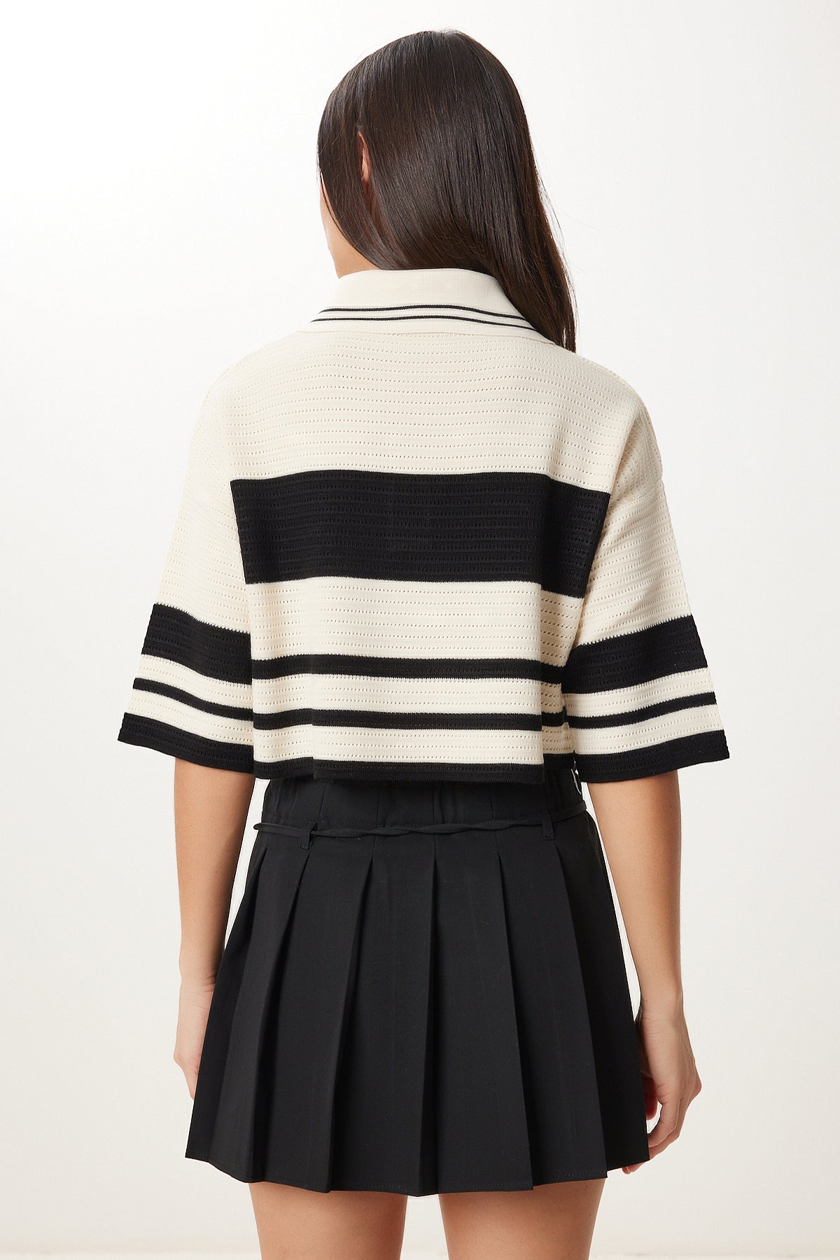 Krem Siyah Çizgili Crop Triko Kazak MX00242