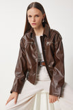 Kahverengi Vintage Görüntülü Suni Deri Biker Mont FN03382