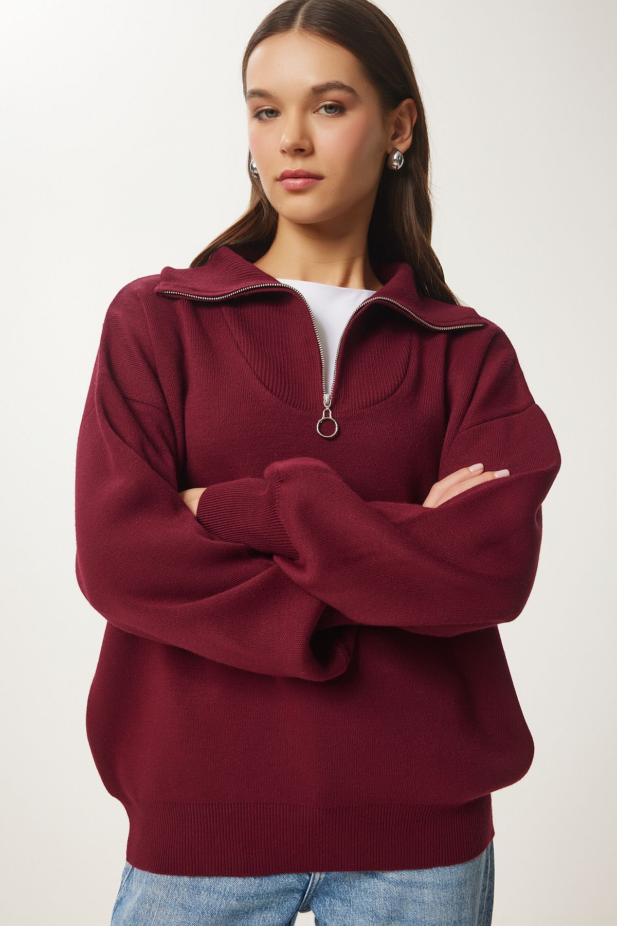 Bordo Fermuarlı Yaka Basic Triko Kazak PF00007