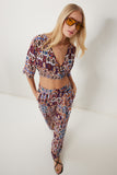 Bordo Oranj Desenli Crop Bluz Pantolon Takım ZV00270