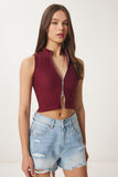 Bordo Fermuarlı Fitilli Crop Bluz KH00100