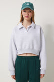 Gri Polo Yaka Şardonlu Crop Örme Sweatshirt HW00014