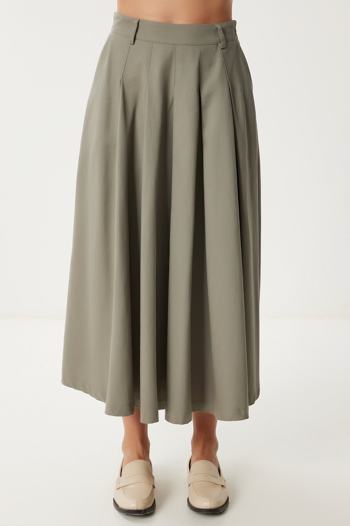 Koyu Çağla Yeşili Cepli Gabardin Kloş Etek GP00026