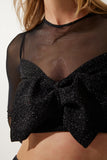 Siyah Fiyonk Detaylı Transparan Crop Bluz WF00065