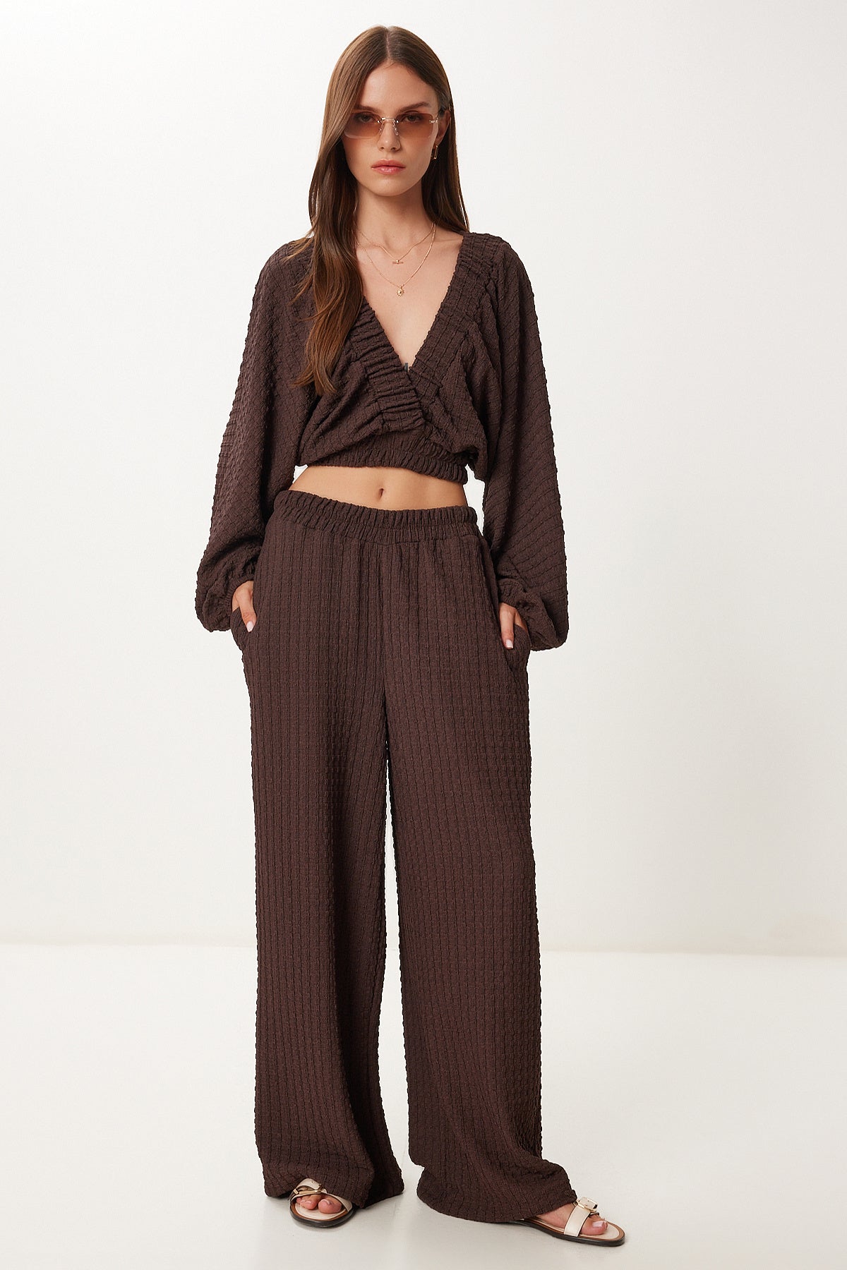 Kahverengi Dokulu Bluz Pantolon Takım RV00214