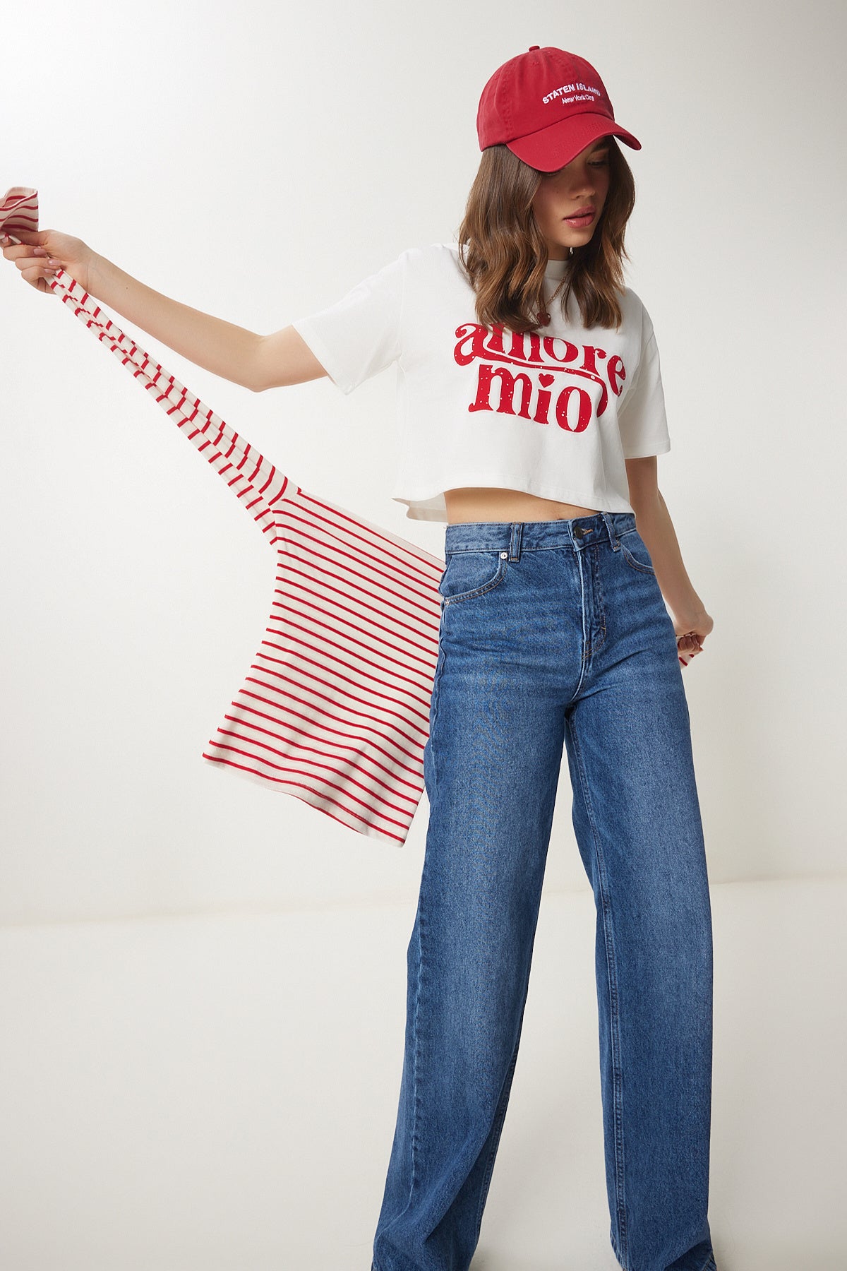 Ekru Baskılı Pamuklu Kısa Örme T-Shirt CR00445