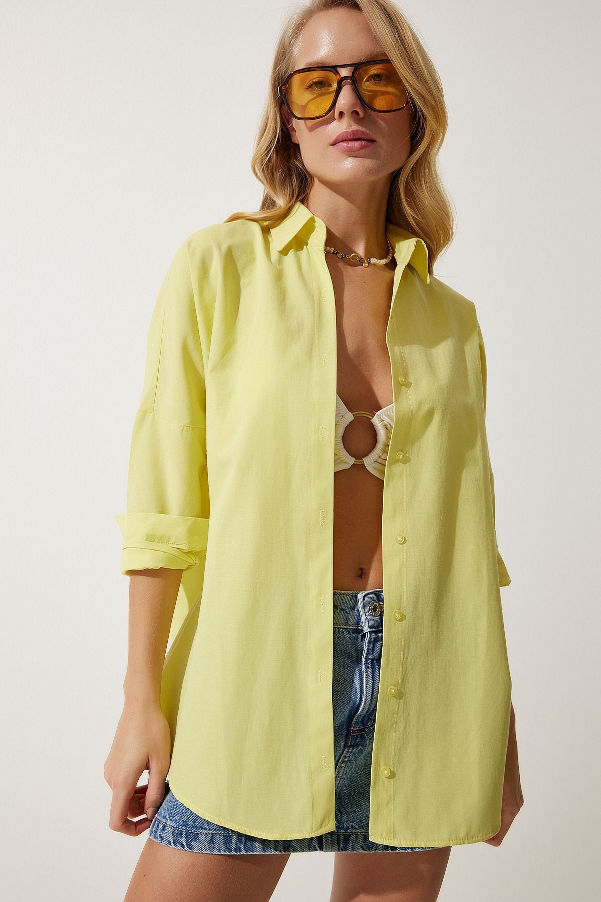 Açık Sarı Oversize Uzun Basic Gömlek  DD00842