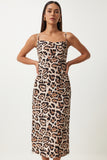 Siyah Bej Leopar Desenli Askılı Midi Elbise KJ00013
