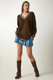 Kahverengi V Yaka Oversize Uzun Triko Kazak  BP00140