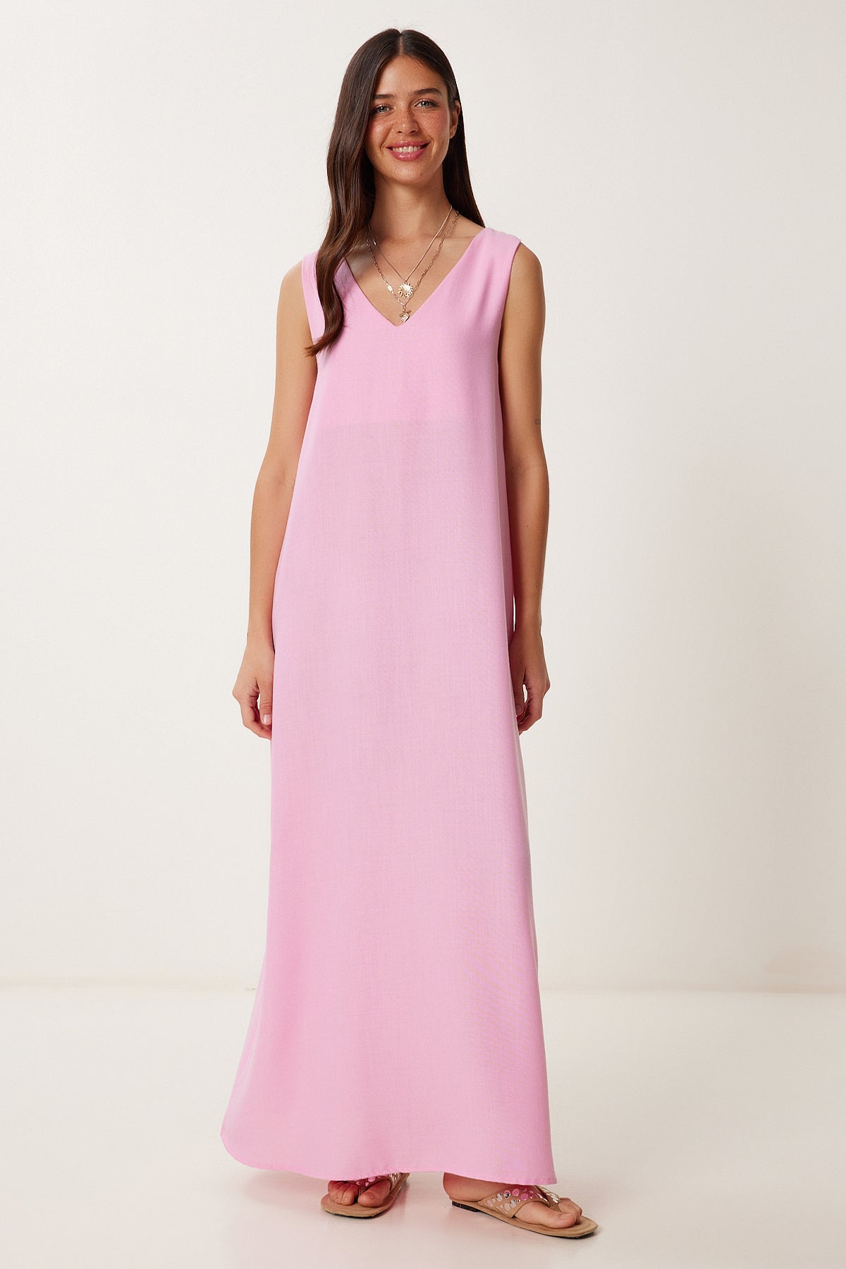 Pembe Kolsuz Basic Yazlık Keten Elbise DZ00128