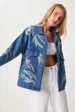 Mavi Nakış İşlemeli Denim Ceket ES00168