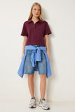 Bordo Polo Yaka Pike Örme T-Shirt DP00254
