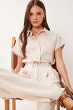 Krem Keten Crop Gömlek Pantolon Takım BV00149